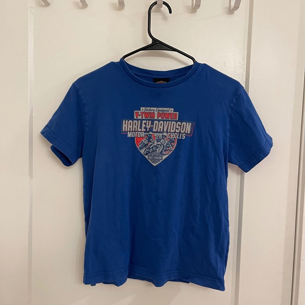 Vintage Harley Davidson Blue‎ Tshirt Biker Streetwear Y2K Motorcycle Decal